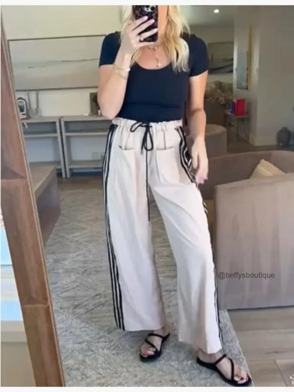 Wide Leg Sweatpants High Waist Drawstring Side Striped Pockets Lounge Active - Picture 2 of 7